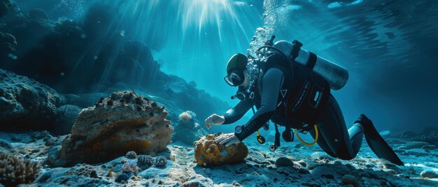 Diver examining an ancient artifact on the sea floor