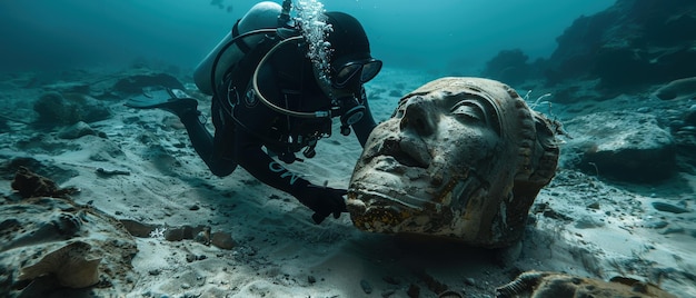 Photo diver examining an ancient artifact on the sea floor