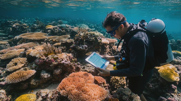 Photo diver examining coral reef with tablet