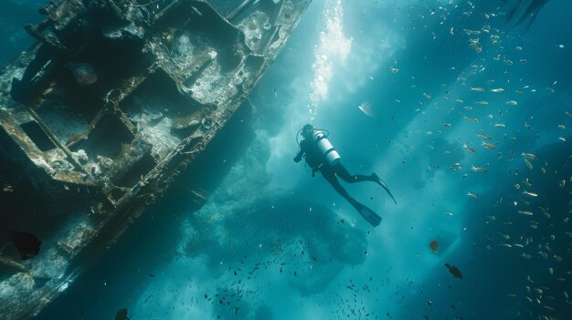 Photo a diver explores a submerged shipwreck under turquoise waters surrounded by marine life and bubbles rising to the surface