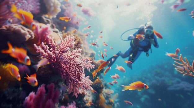 A diver explores a vibrant coral reef teeming with exotic fish