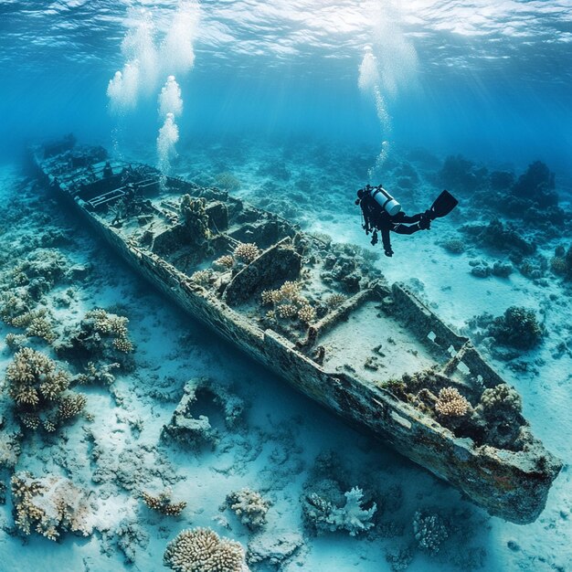 A diver exploring an underwater shipwreck covered in coral