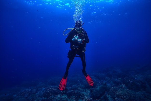 diver flippers view from the back underwater, underwater view of the back of a person swimming with scuba diving