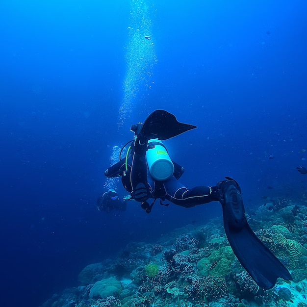 diver flippers view from the back underwater, underwater view of the back of a person swimming with scuba diving