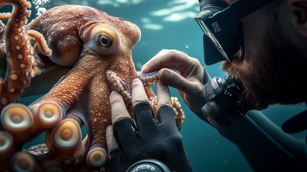 Photo a diver gently touches the tentacle of a large octopus in the ocean