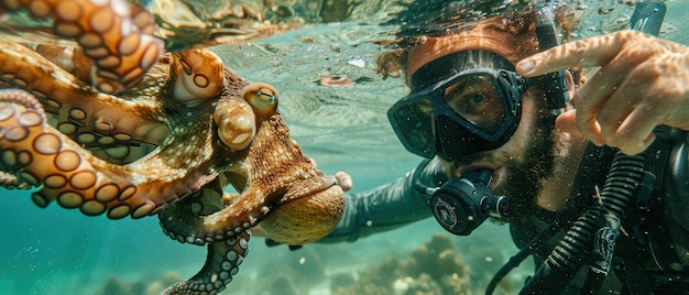 Photo diver interacting with a curious octopus detailed and expressive clear water highresolution capture fascinating marine behavior sense of wonder