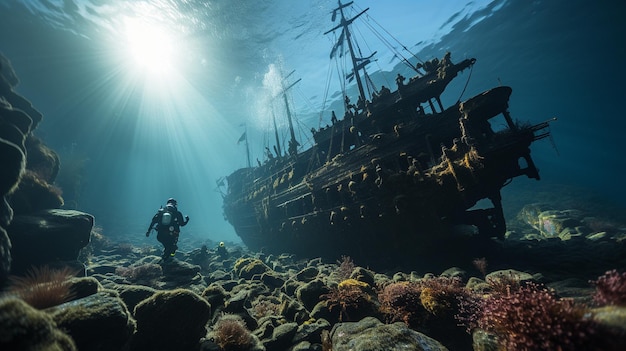 Diver investigating an old wreckage while neighboring schools of fish swim by