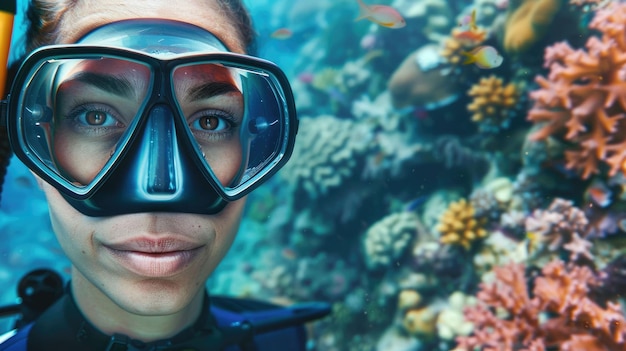 Photo the diver is diving in the sea or ocean and wearing goggles and snorkel aig43