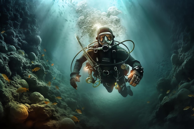 A diver is diving under water with goldfish on the bottom.