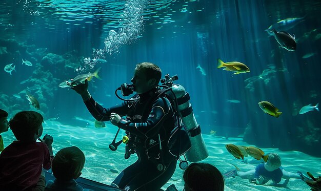 Photo a diver is holding a fish in an aquarium with a diver holding a fish