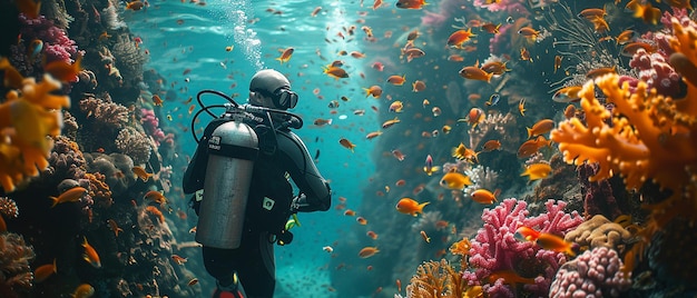 a diver is surrounded by a coral reef and is surrounded by other fish