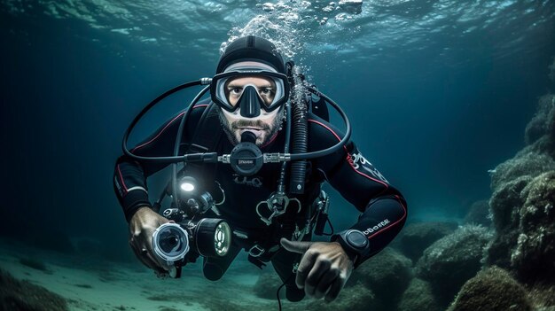 Photo a diver is swimming under a coral reef with a camera in his hand