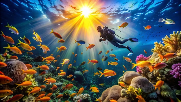 a diver is swimming under a coral reef with fish swimming under it