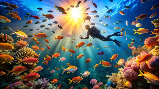 a diver is swimming under a coral reef with fish swimming under it