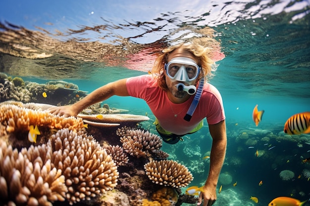 a diver is swimming in front of a coral reef with a mask on his face