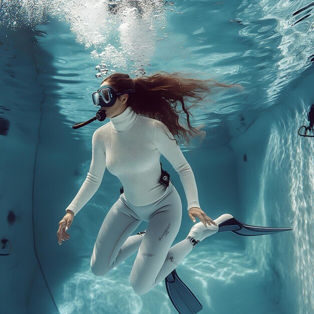 A diver in a mask is swimming under a water surface