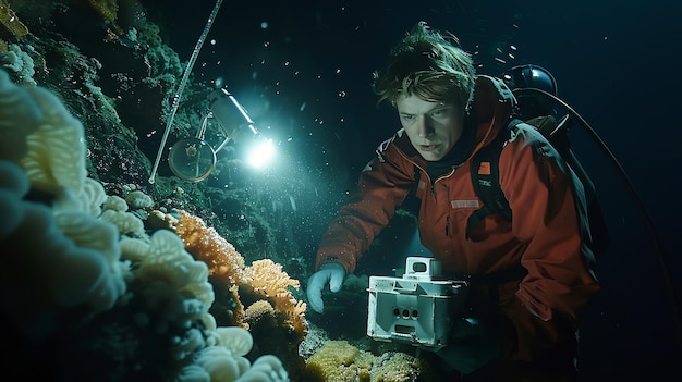 Photo a diver in red examines coral and underwater life in a dark and mysterious environment