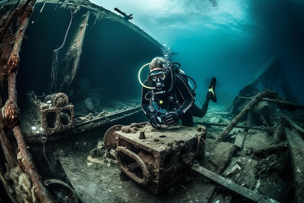 A diver in a sunken ship is looking at the camera.