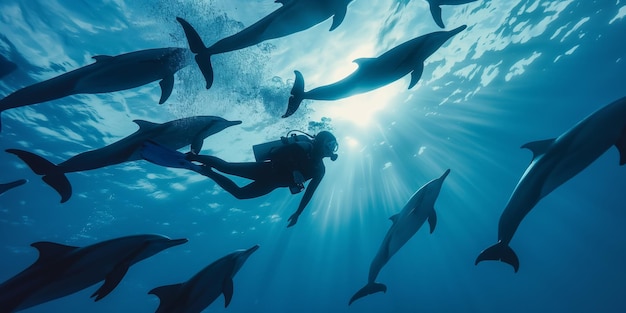 Diver Swimming with Dolphins in Sunlit Blue Ocean