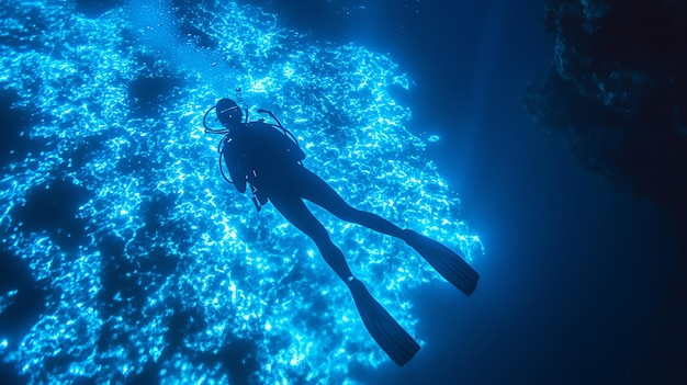 Photo a diver swims over a bioluminescent underwater landscape