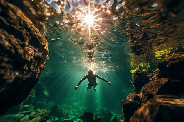 a diver swims in a cave under the ocean