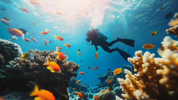 a diver swims over a coral reef with a diver in the background