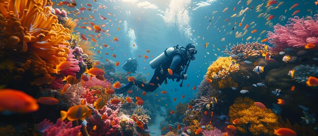 a diver swims over a coral reef with the diver in the background