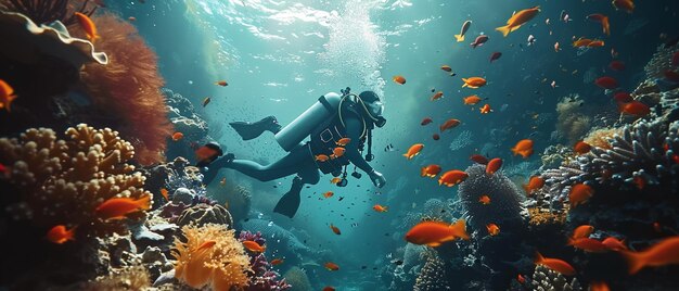 a diver swims over a coral reef with the sun shining through the water