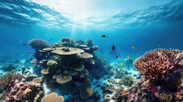 a diver swims over a coral reef.