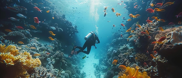 a diver swims in a coral reef