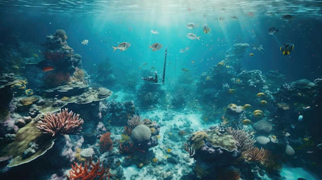 a diver swims past a coral reef with a anchor.