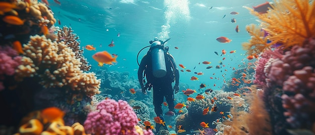 a diver swims past a coral reef with a diver in the background