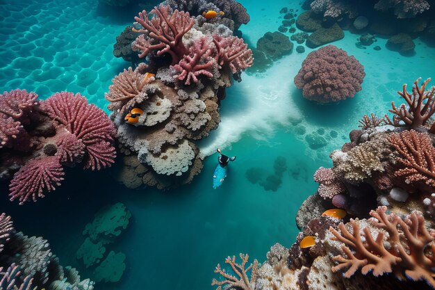 Photo a diver swims past a coral reef with a diver in the water