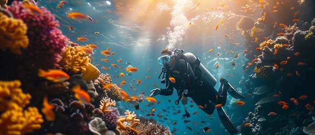 a diver swims past a coral reef with tropical fish