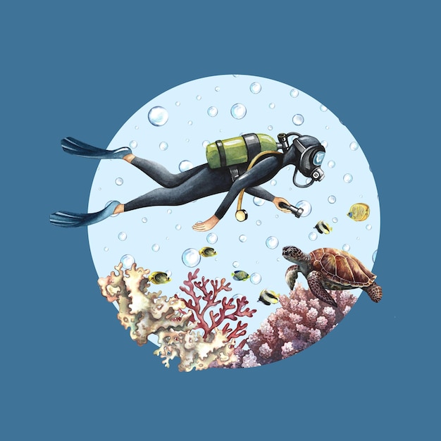 Photo the diver swims underwater at the bottom of the sea underwater travel watercolor hand drawn