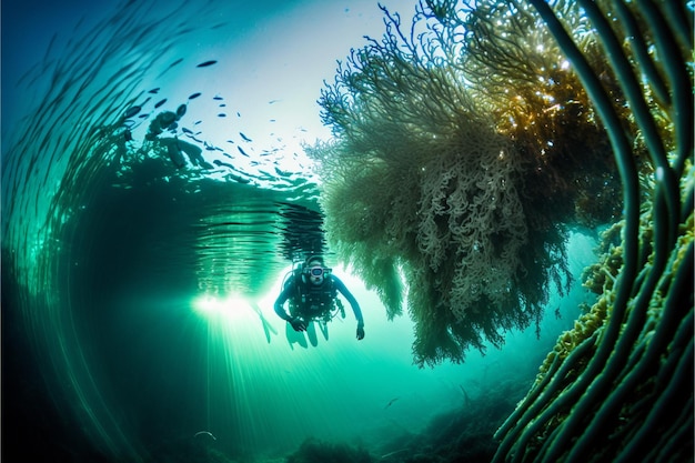 A diver swims under the water in the ocean.