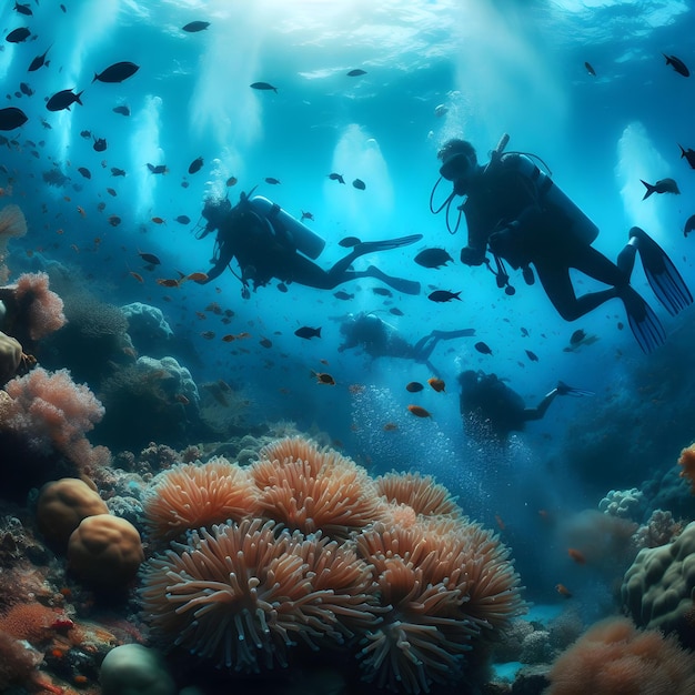 Diver underwater unusual view concept depth diving in the sea