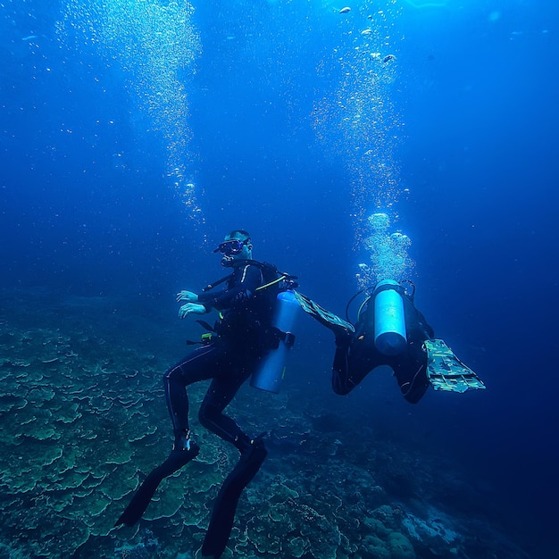 diver underwater unusual view, concept depth, diving in the sea