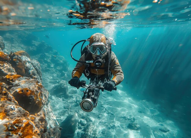 Photo diver using underwater scooter explores vibrant marine life in clear blue waters