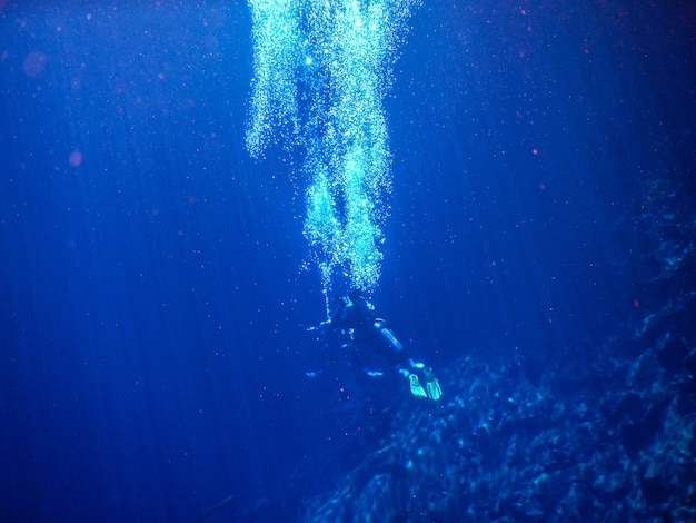 Divers in blue water lagoon