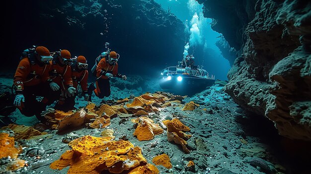 Photo divers in a cave under the sea