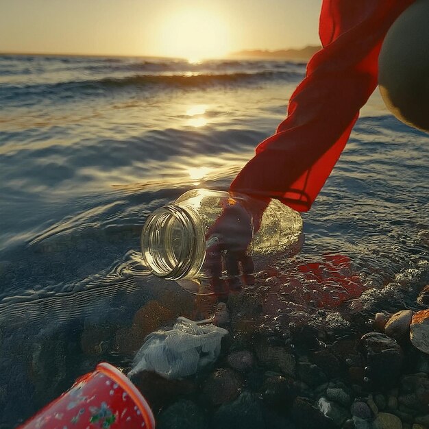 Photo divers hand plucking litter from marine environment