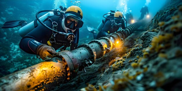 Photo divers installing underwater oil gas pipelines with industrial equipment for offshore operations concept offshore operations underwater pipelines divers industrial equipment oil gas industry