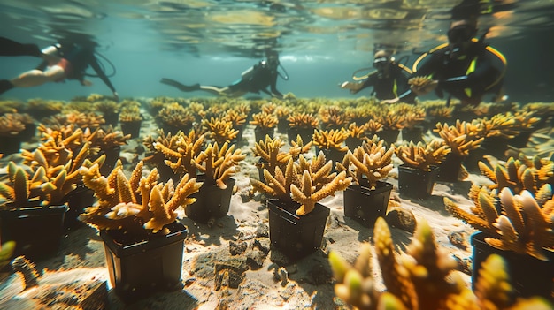 Photo divers planting coral fragments underwater ecosystem marine restoration efforts