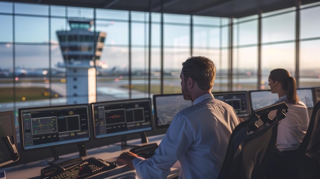 Diverse Air Traffic Control Team Working in a Modern Airport Tower Office Room is Full of Desktop