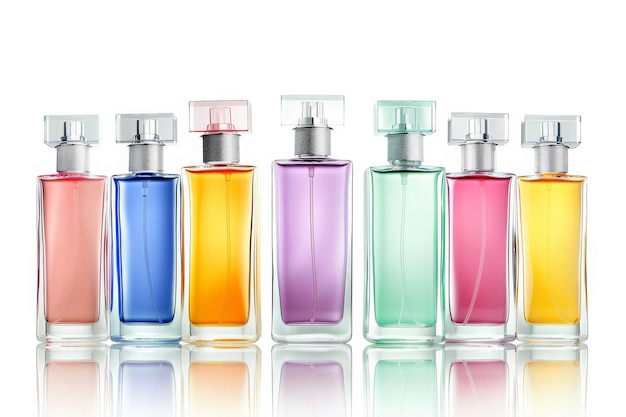 Photo a diverse array of elegant perfume bottles in radiant colors aligned in a row showcasing luxury and sophistication on a white background