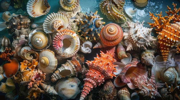 A diverse array of seashells carefully collected from around the world displayed against a backdrop of sandy shores