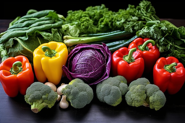 A diverse assortment of fresh vegetables against a sleek grey concrete backdrop