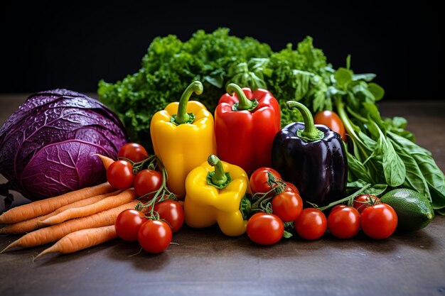 A diverse assortment of fresh vegetables against a sleek grey concrete backdrop