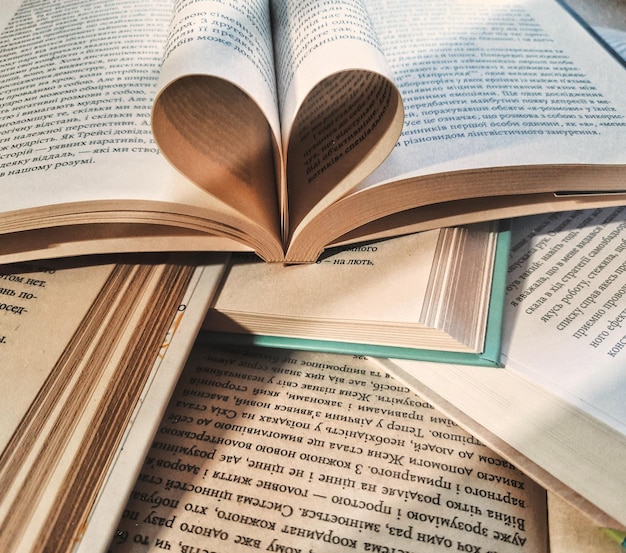 Diverse books with one open book and curled leaves in the shape of a heart Education and learning reading